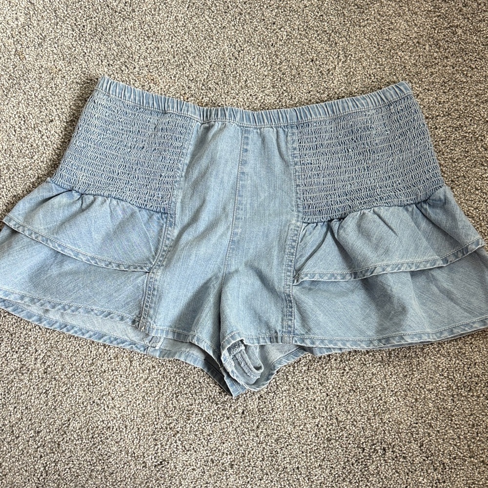Free People Light Blue Jean Shorts with Ruffle Detail